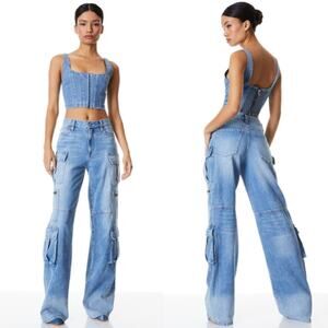 NEW Alice + Olivia Cay Cargo Jeans Wide Leg Mid Rise Utility Brea Blue Size 26